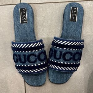 Gucci Navy and White Denim Slides